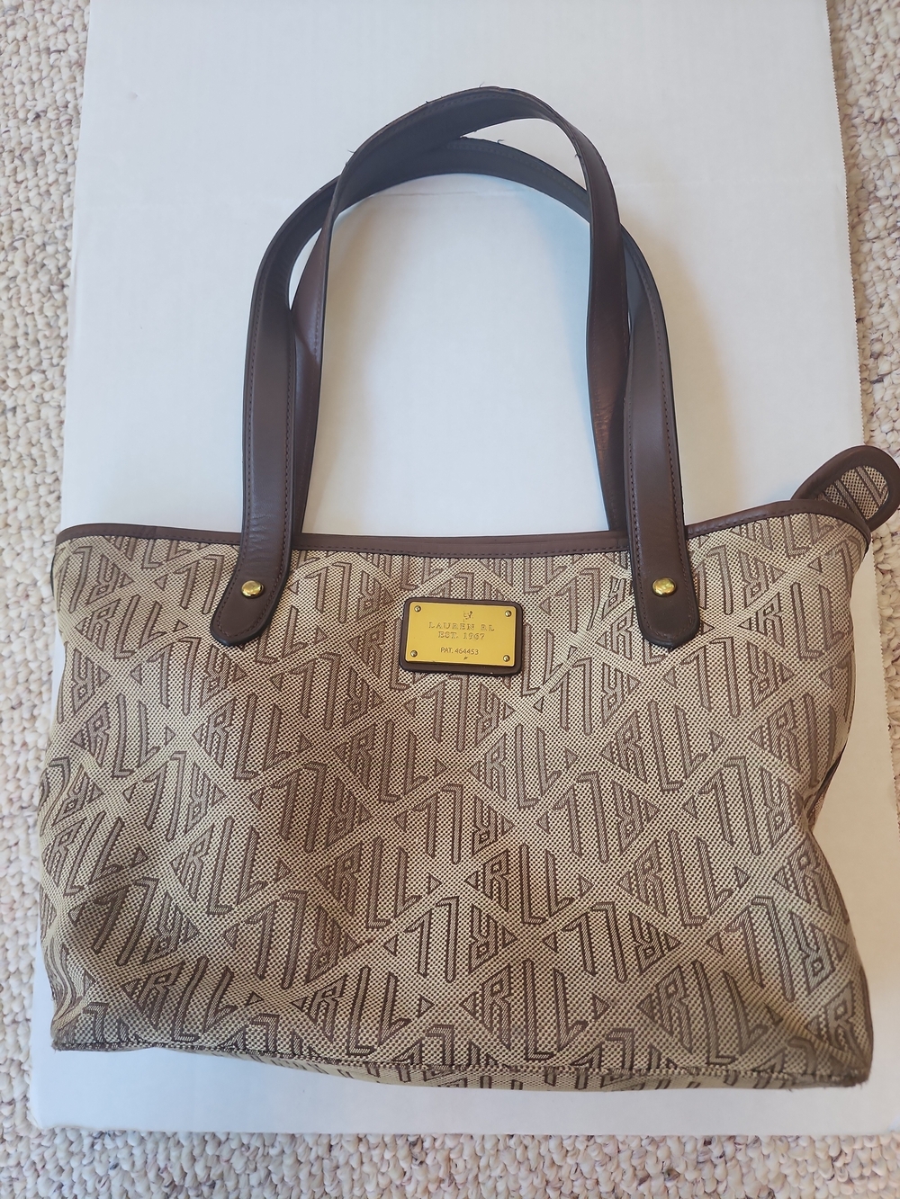 Vintage Lauren Ralph Lauren Tan Monogram Jacquard Leather Trim Shoulder Tote Bag